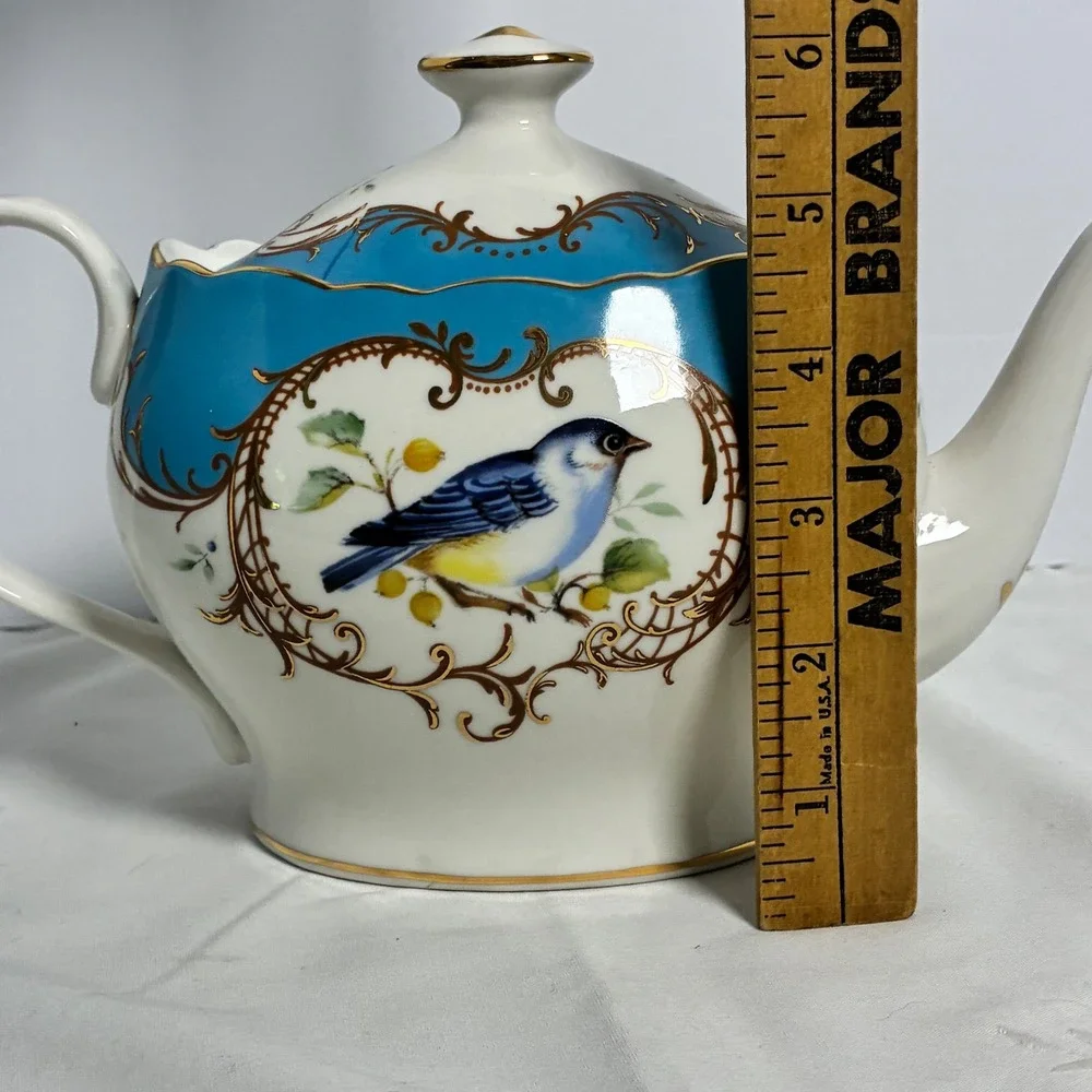Grace Teaware Teapot Turquoise Gold Bird Filigree Scalloped Grandmillennial